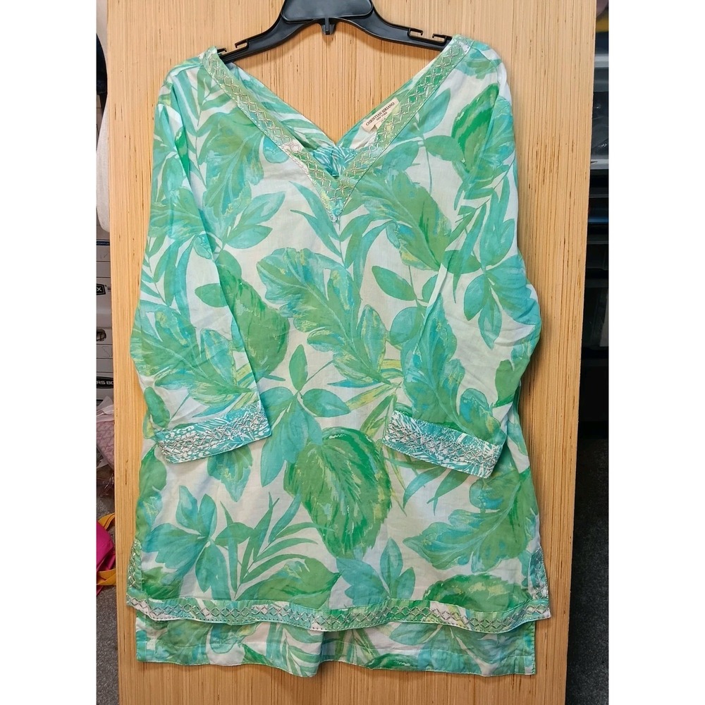 Christian Soriano Sz M Tropical Green V-neckline Tunic Style Top Silver Embroide